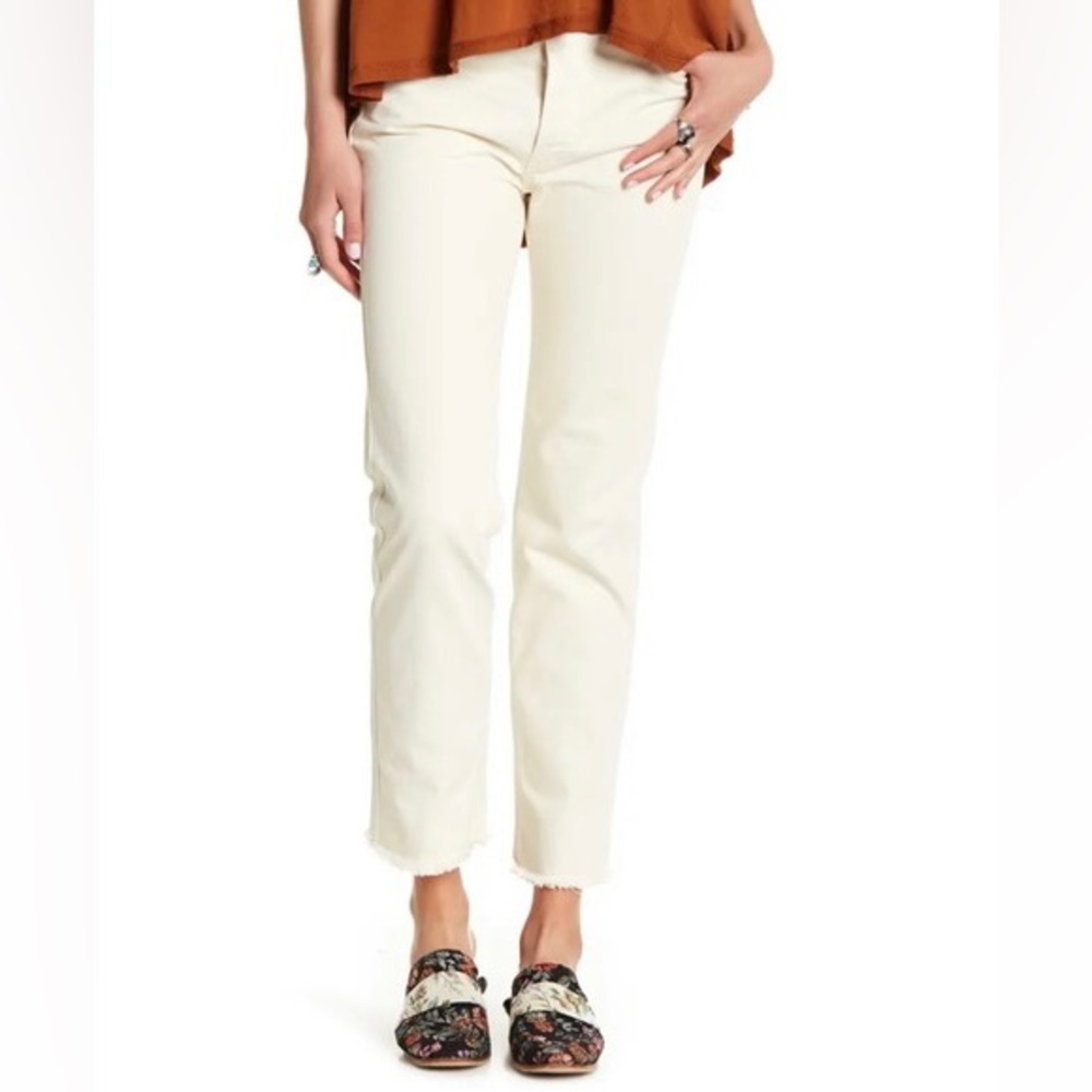 Free People We the Free Cream Slim Boyfriend Button Fly Raw Hem Jeans Size 26